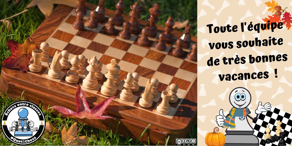 QuotiChess 🐘 (@quotichess) on Twitter photo 🍂Toute l'équipe de #QuotiChess vous souhaite de belles vacances d'automne ! 🍂
De belles #parties d'#Échecs ont pu démarrer durant cette 1re période !
👀 À suivre ou découvrir : mastodon.scollectif.fr/@QuotiChess
<a href="/SCOllectif_asso/">SCOllectif 🐘</a> 🍂Toute l'équipe de #QuotiChess vous souhaite de belles vacances d'automne ! 🍂
De belles #parties d'#Échecs ont pu démarrer durant cette 1re période !
👀 À suivre ou découvrir : mastodon.scollectif.fr/@QuotiChess
<a href="/SCOllectif_asso/">SCOllectif 🐘</a>