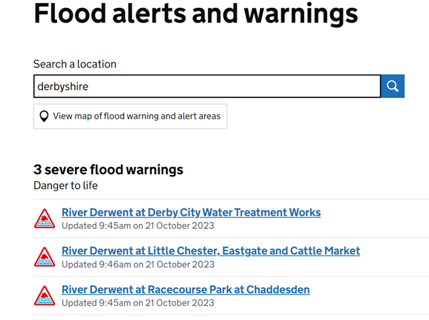 EnvAgencyMids's tweet image. ⚠️Severe @flood warnings have been issued in parts of #DerbyCity. Please #StaySafe and make sure you know how to prepare for flooding impacts from #StormBabet

Flood alerts and warnings - GOV.UK (check-for-flooding.service.gov.uk)

@Derbyshirecc @DerbyCC