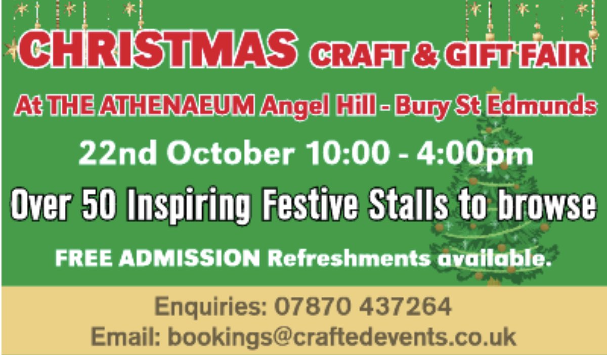 BuryStEdsCraftF's tweet photo. TOMORROW…Xmas Craft &amp; Gift Fair at #theathenaeum #BuryStEdmunds #suffolk Open from 10am FREE ADMISSION lots to browse🎄🎄🎄🎁🎁🎁 https://t.co/evsLMyD5EB