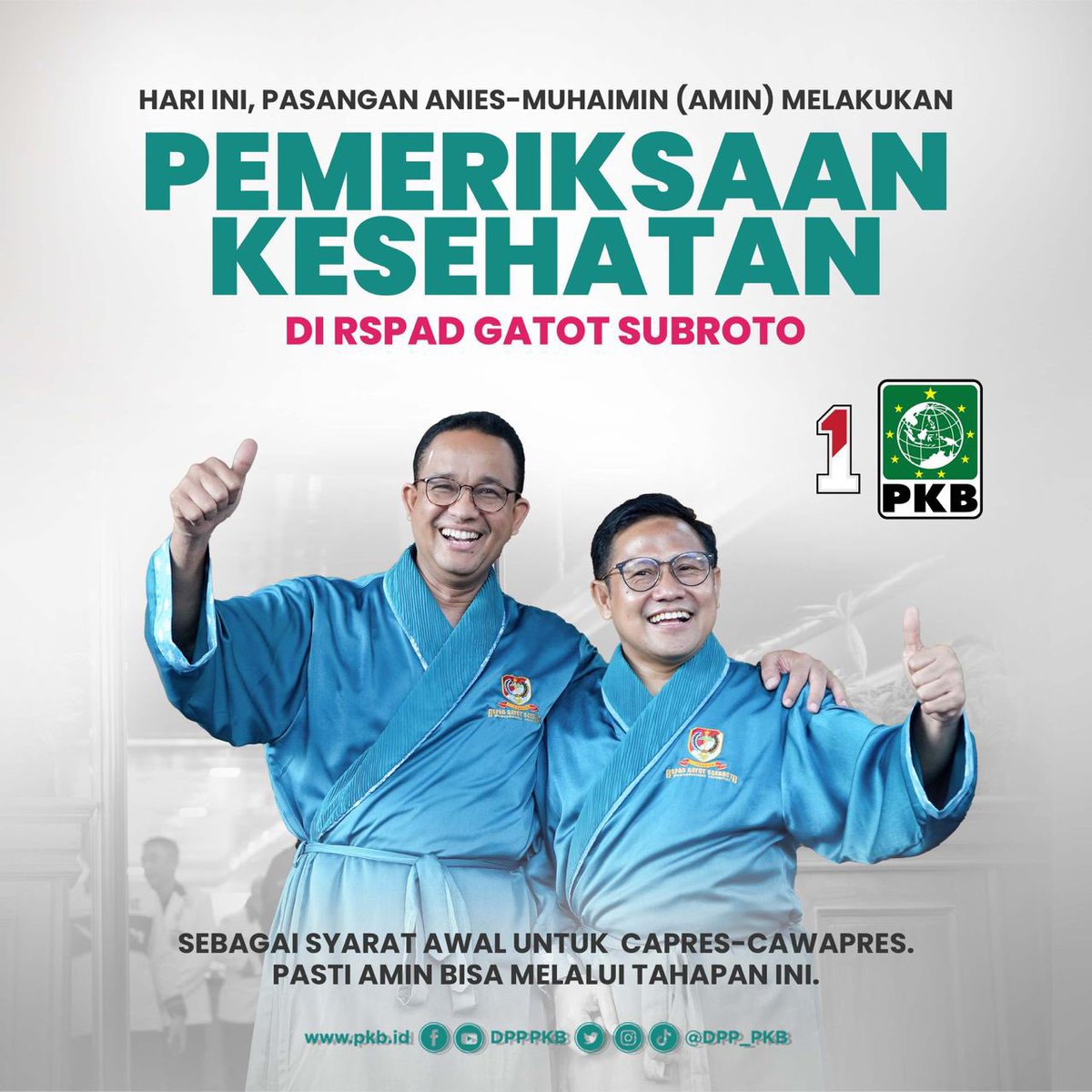Alhamdulillah, pasangan Anies - Muhaimin (AMIN) hari ini telah melaksanakan tes kesehatan di RSPAD Gatot Soebroto. 

Gus Imin dan Mas Anies masing - masing mengatakan dalam kondisi sehat wal afiat sehingga tak perlu ada yang dikhawatirkan.

#AMINkanIndonesia
 #AniesMuhaimin2024