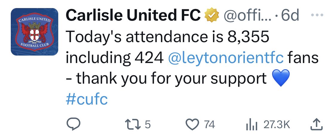 CarlisleUtdEDI's tweet photo. Leading the way all season! Best supporters in Lge 1! 7931 #cufc fans at home last week. 7930 behaved impeccably. ‘1’ Did Not! Don’t be ‘that 1’
#cufc club &amp; supporters to be proud of
⛔️NO FIREWORKS
✅Cheering, Singing, Supporting &amp; Winning 👏🏼👏🏾🏳️‍🌈
#LoveFootball #ProtectTheGame https://t.co/AjNKePofvg