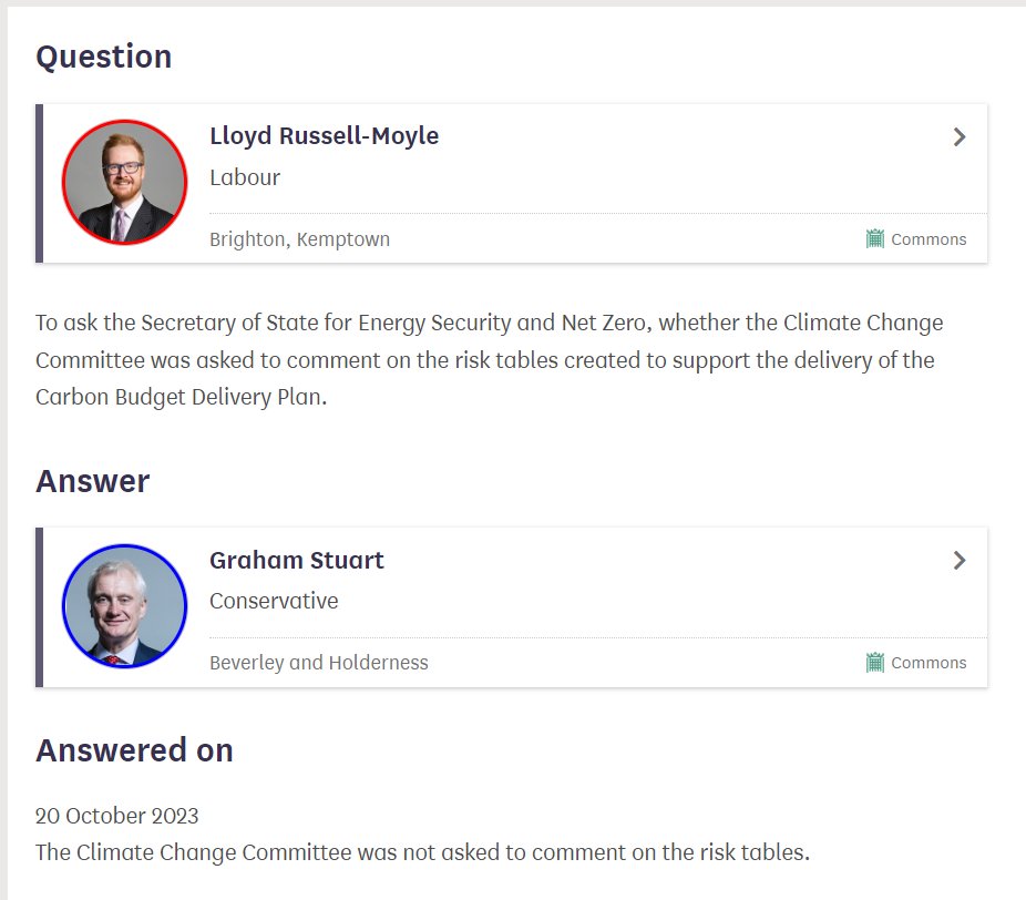 The #Sunak Govt treatment of @theCCCuk is outrageous - they don't even share vital Risk Tables on #climate policy delivery with them👇 @GoodLawProject @JolyonMaugham @GeorgeMonbiot @MPWatchNetwork questions-statements.parliament.uk/written-questi…