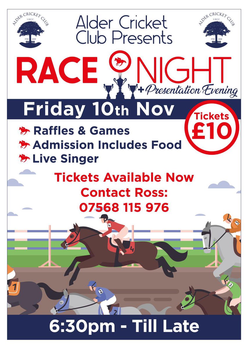 🚨ANNOUNCEMENT🚨 On Friday 10th November we will be hosting a Race Night at the club along with the Annual Presentation Evening! Tickets are £10 including food and live entertainment. Available to purchase now from Ross on 07568115976. All welcome, see you there ! 🏏🍻