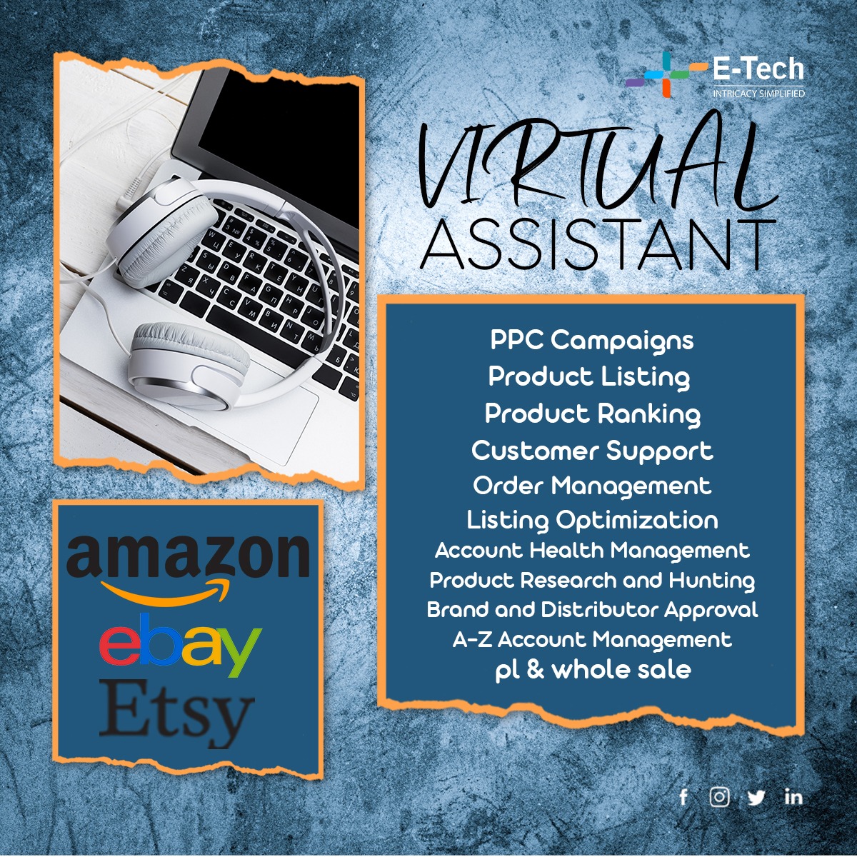 etechmarketing's tweet photo. Thinking of hiring an Amazon virtual assistant?
What services we provide
• PPC Campaigns
• Product Listing &amp; Ranking
• Customer Support
• Order Management
• Listing Optimization
• Account Health Management
• Product Research and Hunting
• Brand and Distributor Approval https://t.co/B3jyylTJGD