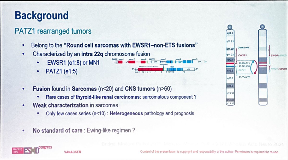 DrLizConnolly's tweet photo. PATZ1 rearranged #sarcomas
By Helene Vanacker, 🇫🇷sarc group
▫️N=16 EWSR1-non ETS,
▪️NOT like #ewings ?how to treat
▪️ #ultrarare sarcoma
▪️ variable histopath👇
🧬 molecular mandatory for Dx
▪️ prognostic factors 👇
▪️ unique gene expression profile
#ESMO23 https://t.co/mbdtspqVfX