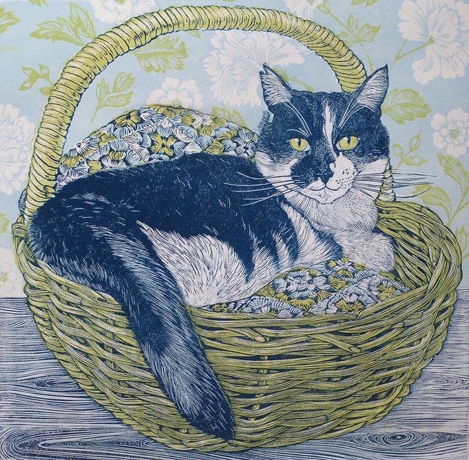 womensart1's tweet image. 'Cat In A Basket' linocut by contemporary UK printmaker Vanessa Lubach #WomensArt