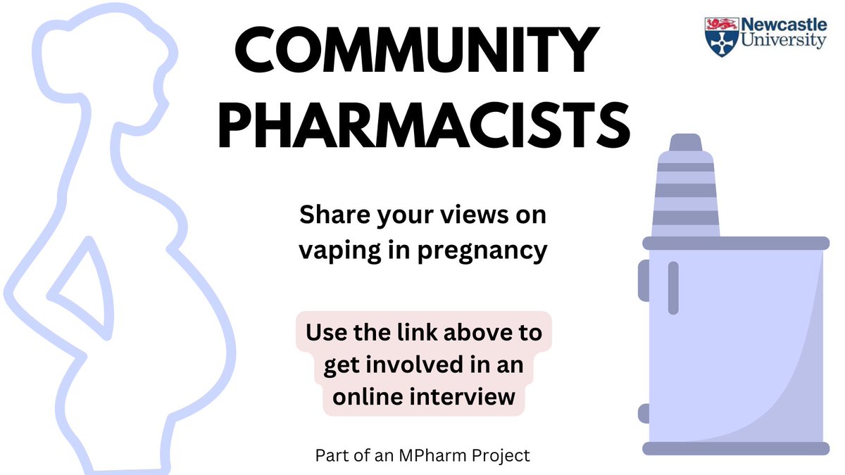 Pharmacists, we need your help! Please use the link to share your views and experiences on e-cigarettes for smoking cessation in pregnancy. 

newcastle.onlinesurveys.ac.uk/eligibility-qu…

#Stoptober #pharmacy #maternity 
<a href="/Pharmacy_tv/">Community Pharmacy Thames Valley</a> @SuffolkLPC @CPHerts