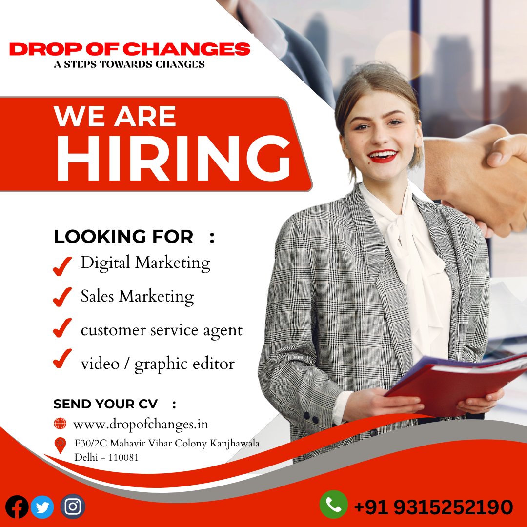 dropofchanges's tweet image. ✸✸We are Hiring. ✸✸
 Digital Marketing
Sales Marketing
customer service agent
video / graphic editor
For More Details:  +91 9315252190
dropofchanges.in
#dropofchanges #jobsearch #job #jobopportunity #jobopening #callcenter #videodesign #graphicdesign #graphicdesigner