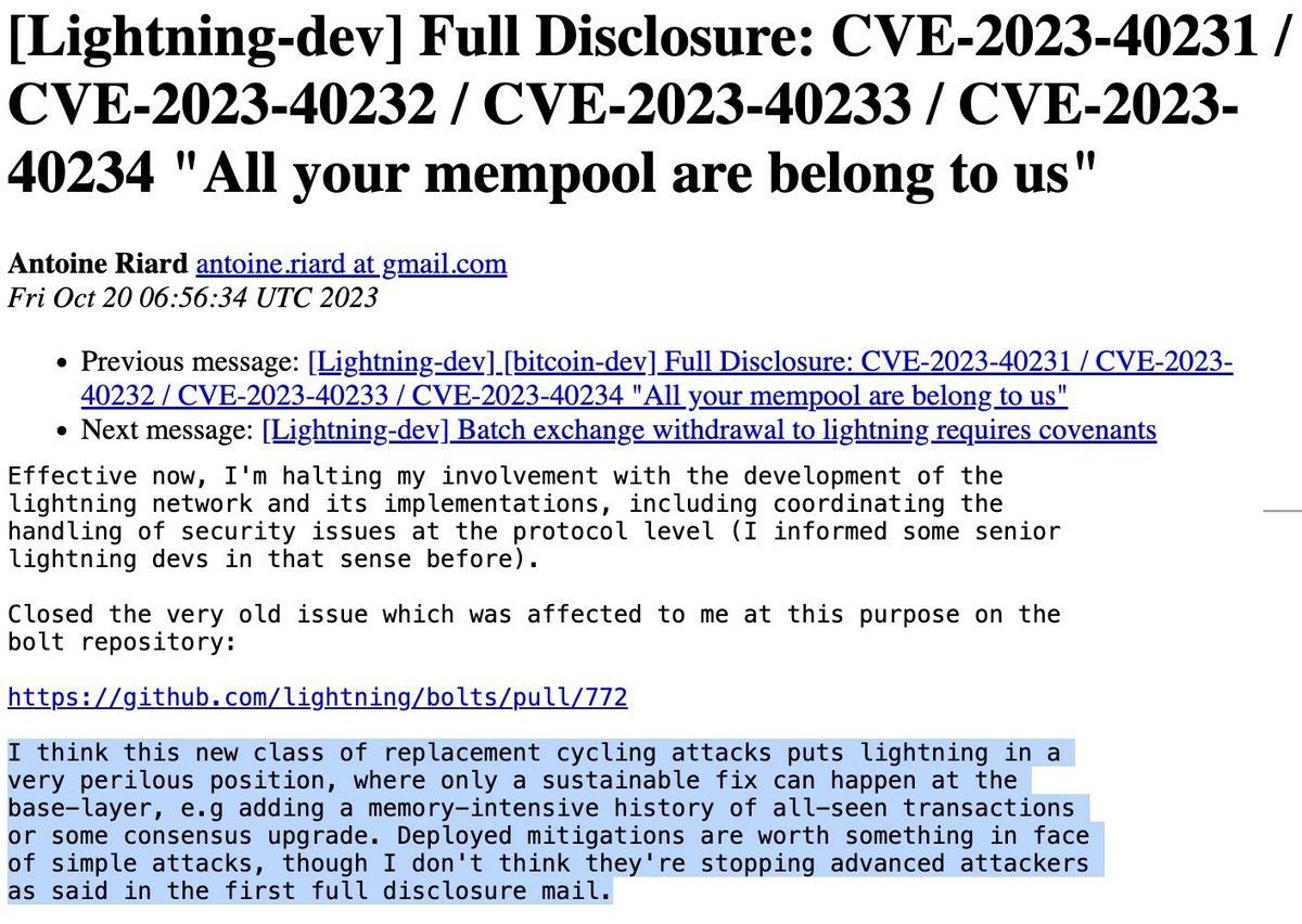 vinibarbosabr's tweet photo. Antoine Riard, a Lightning Network security researcher and developer, withdraws from LN's development and implementations:

💬"This new class of replacement cycling attacks puts lightning in a very perilous position, where only a sustainable fix can happen at the base-layer". https://t.co/NVfsm6ityN
