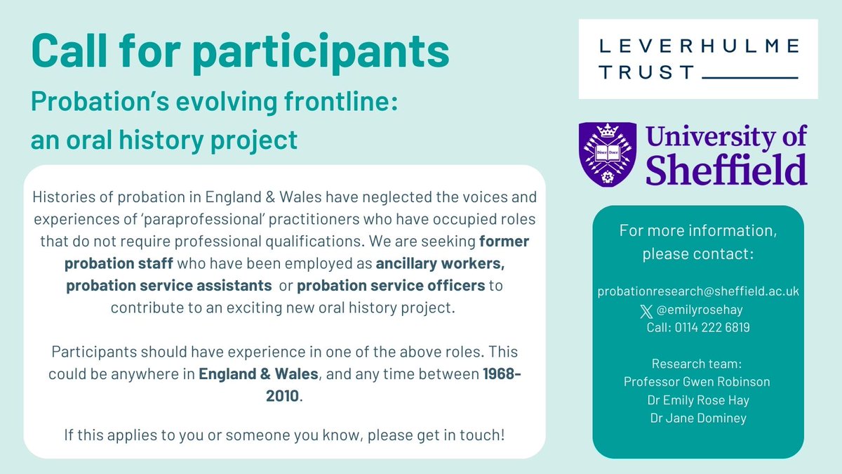 Are you a former probation service ancillary, assistant or PSO?  Do you know anyone who is?  We're looking for research participants - so please spread the word!