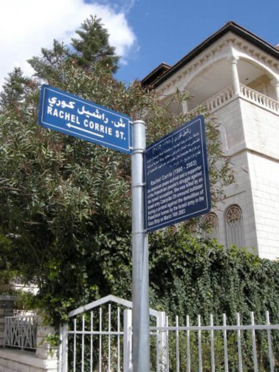 _SJPeace_'s tweet photo. While most Americans don’t even know her name, 

Palestinians honored her sacrifice by naming a street after her. 

This street is in Ramallah, West Bank 🇵🇸

Rachel Corrie street. https://t.co/eEJpUkp5CG
