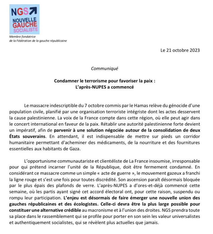 mouvement_NGS's tweet photo. Communiqué de presse 

« L’enjeu est désormais de faire émerger une nouvelle union des gauches républicaines et des écologistes. Celle-ci devra être la plus large possible pour constituer une alternative crédible au macronisme et à l’union des droites. »

⬇️ https://t.co/Y9Escduji2