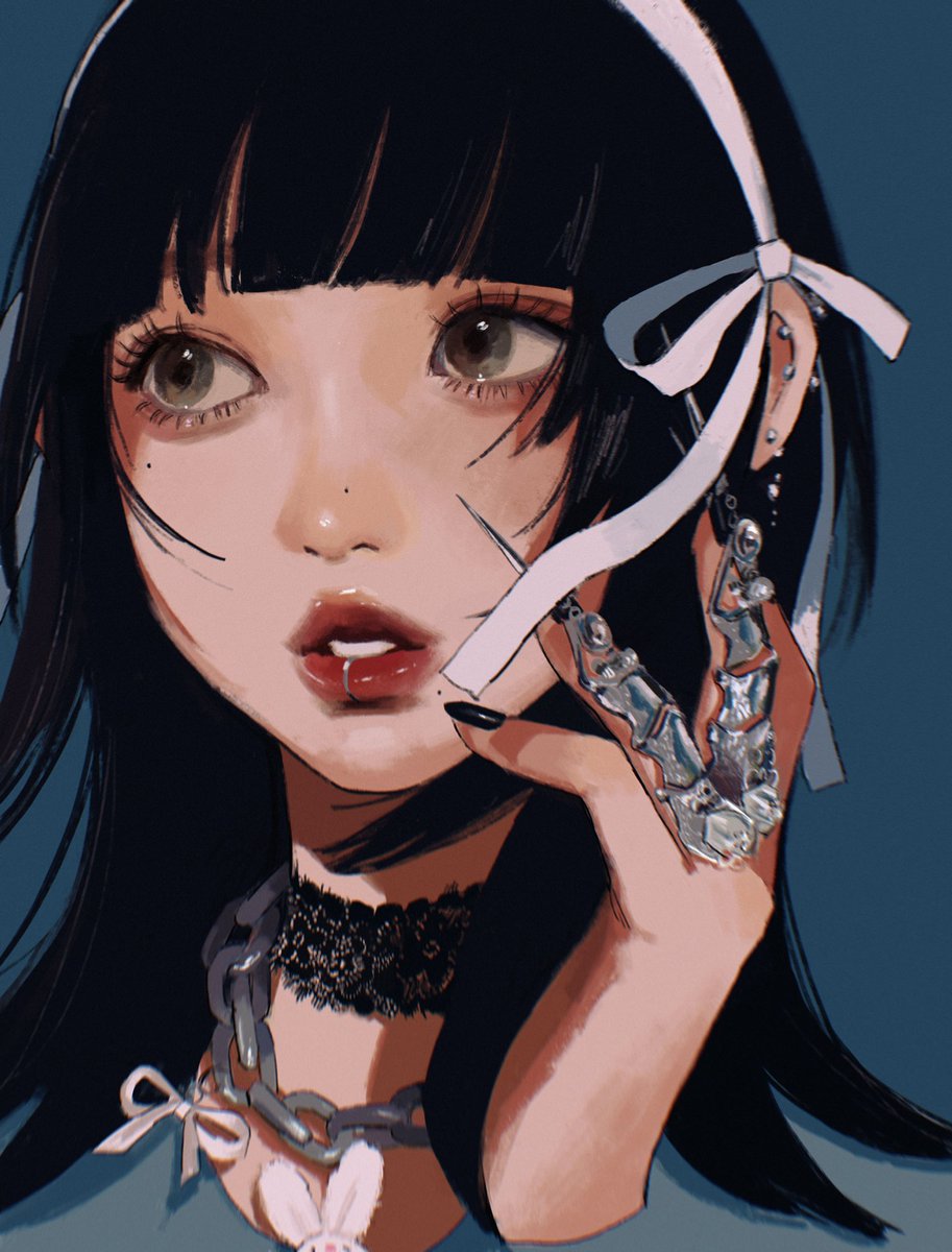 1girl solo black nails jewelry black hair choker ring  illustration images
