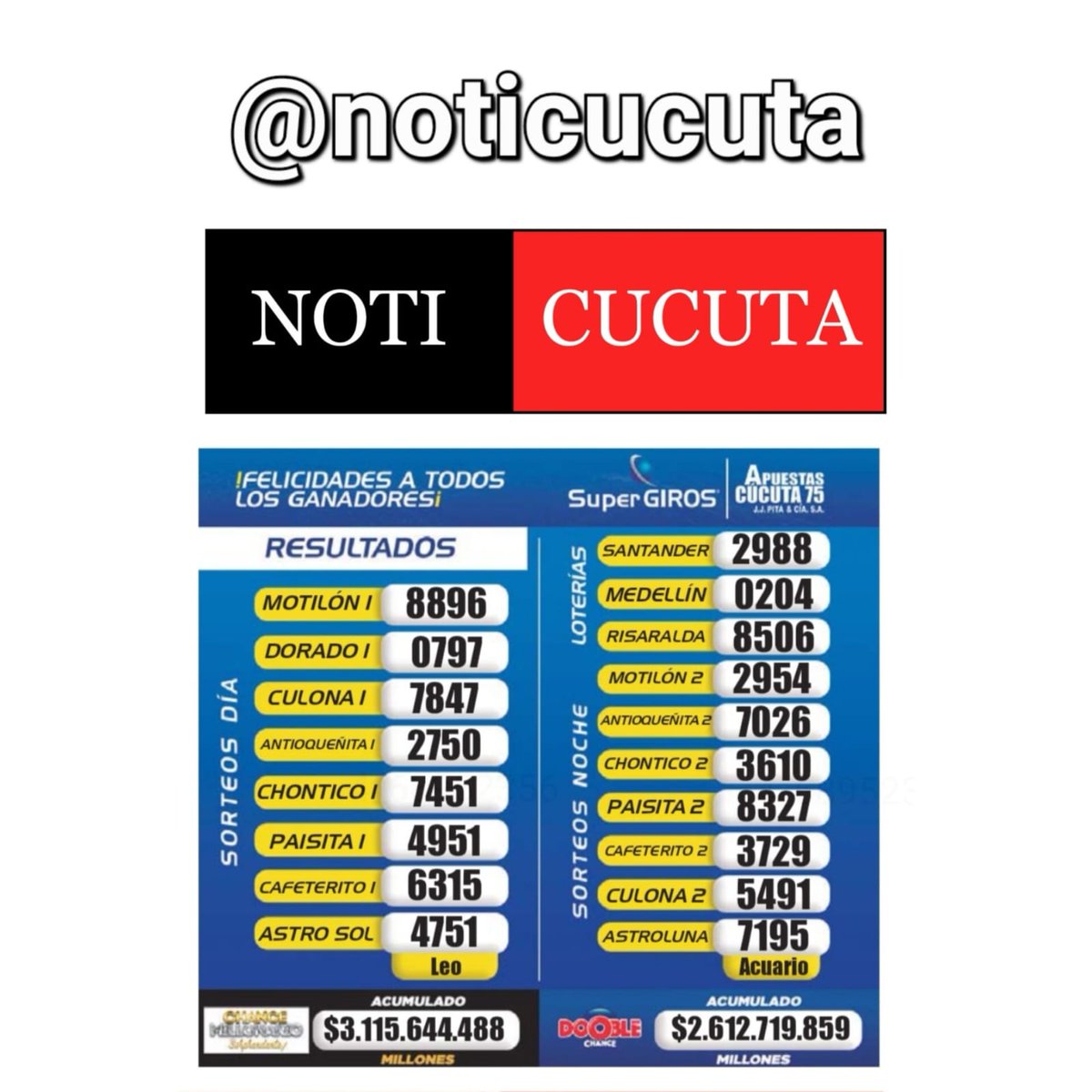 noticucuta's tweet photo. Resultados de loterías y sorteos correspondientes al 20 de Octubre del 2023 @noticucuta ®️ https://t.co/IOx4ckh4Sm