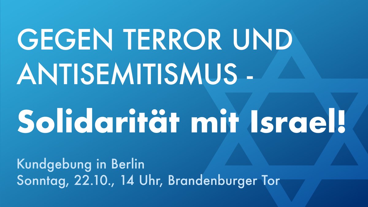 Herzliche Einladung zur #Solidaritätskundgebung zum Nahost-Konflikt! Kommt mit uns!

📆 Sonntag, 22.10., um 14 Uhr
🎯 Brandenburger Tor in Berlin

Sagt es gern weiter!

#Frieden #Krieg #Israel 
<a href="/EKD/">Evangelische Kirche</a>