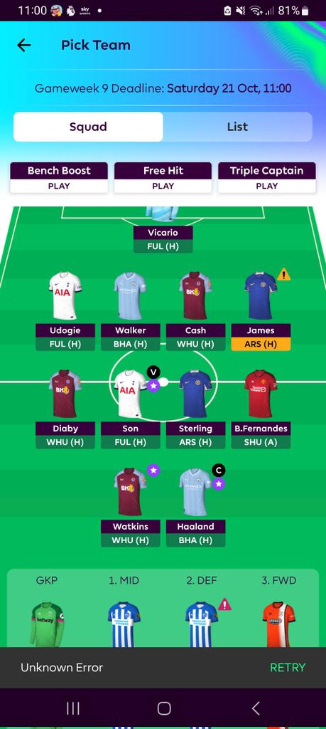 Locked and loaded for GW9. Need to improve on previous weeks. James a risk but you have to take them right? Think haaland will bounce back with a goal or two today #fpl #gw9