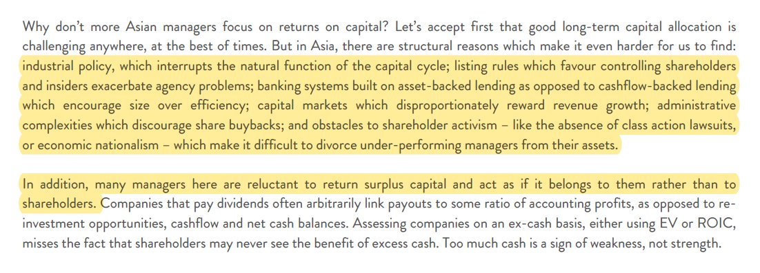 SteadyCompound's tweet photo. Why Asian managers don't focus on returns on capital:

- Listing rules that favor insiders &amp; controlling shareholders
- Asset-backed lending systems
- Rewarding revenue growth
- Restrict share repurchases
- No shareholder activism
- Industrial policy

 Longriver Partners Fund https://t.co/3T9hAcQtGR