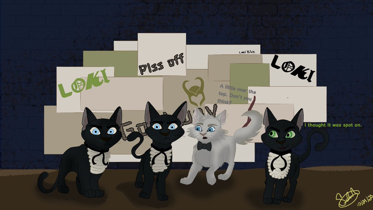 Arelisan97's tweet photo. I'm not good at drawing humans... or drawing in general haha but these kitties turned out pretty cute 😍  I bet you all will identify them. 

PS They are in love just as their human/god variants.

#LokiSeason2 #lokius #shadowgames https://t.co/0P7TOeKqyX