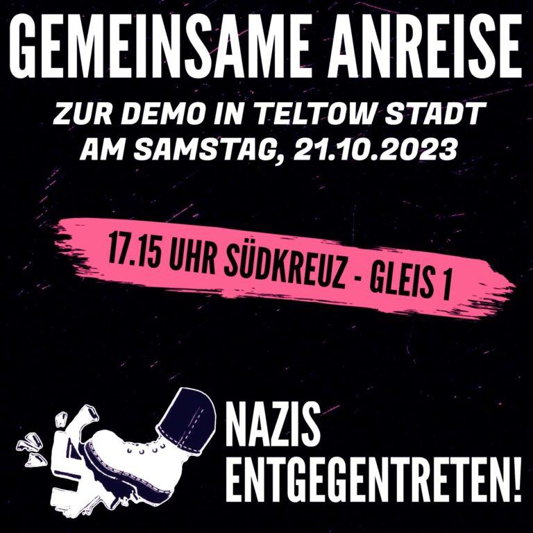 15 Jahre nach der letzten #Antifa|demo in #Teltow wird es wieder Zeit auf die Straße zu gehen gegen die seit Jahren normalisierten Nazistrukturen in der Stadt!

🚆Demoanreise: Südkreuz
🕚17:15 / Gleis 1 / S 25
➡️oatberlin.noblogs.org/termine/2023/1…

Antifa-Demo:
🕚18 Uhr / Bhf. Teltow-Stadt