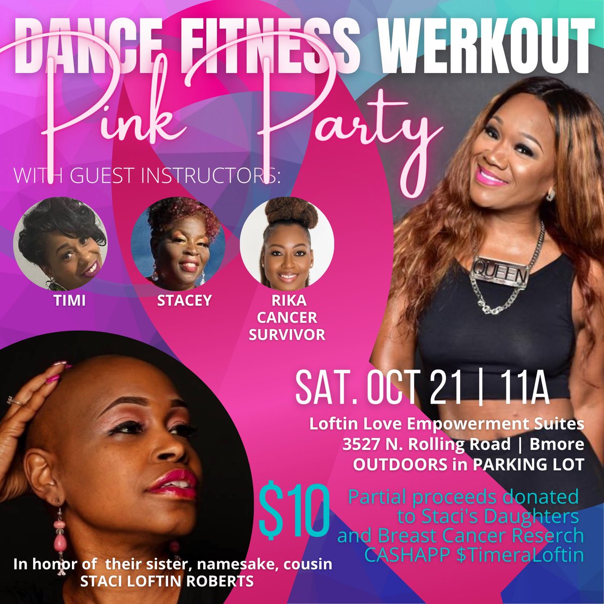 LetriciaLoftin's tweet photo. Today!
Queen Denere Hilton’s DANCE FITNESS WERKOUT Pink Party in honor of our Staci! I promise, you’ve never experienced a “werkout” like this!

Of course, the guest instructors are fire!
My sister Timi
Our friend Stacey
Our cousin Rika
All of this power in honor of our Staci! https://t.co/cVzaAJsutH