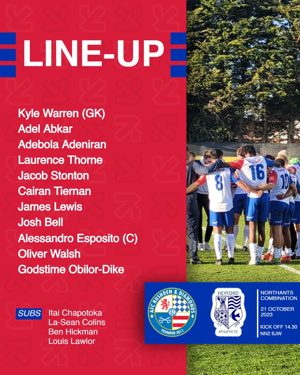 The Starting XI against Heyford Athletic this afternoon.

Ben Hickman returns to the squad after being sidelined with injury, and Manager Louis Lawlor is named on the bench. 

#COYD💎