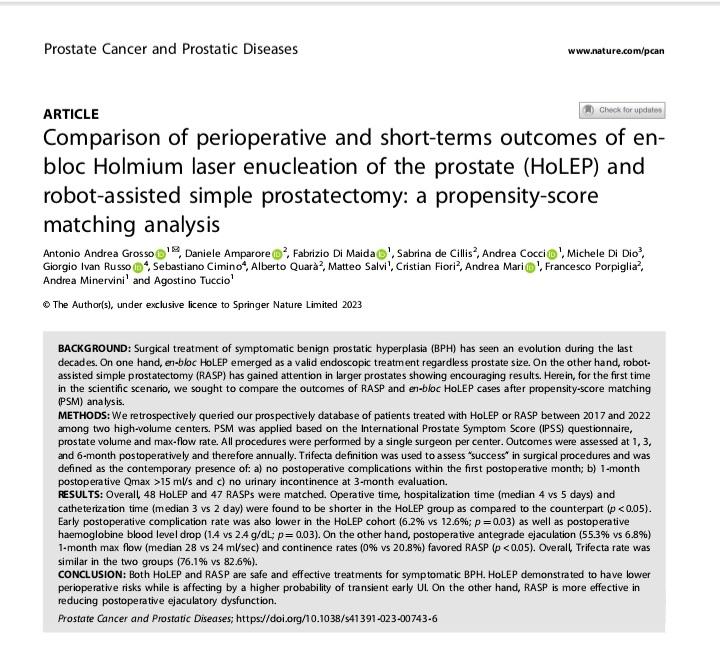 Antonio Andrea Grosso (@grossoanton) on Twitter photo Glad to share our collaborative study published on <a href="/pcan_journal/">Prostate Cancer and Prostatic Diseases</a>: en-bloc HoLEP vs robotic simple prostatectomy, perioperative and short terms outcomes after propensity-score matching analysis
<a href="/minerviniandre/">Andrea Minervini</a> <a href="/PorpigliaF/">Porpiglia Francesco</a> <a href="/agostinotuccio/">Agostino Tuccio</a> <a href="/danieleamparore/">Daniele Amparore</a> <a href="/GiorgioI_Russo/">Giorgio I. Russo 🩺</a> Glad to share our collaborative study published on <a href="/pcan_journal/">Prostate Cancer and Prostatic Diseases</a>: en-bloc HoLEP vs robotic simple prostatectomy, perioperative and short terms outcomes after propensity-score matching analysis
<a href="/minerviniandre/">Andrea Minervini</a> <a href="/PorpigliaF/">Porpiglia Francesco</a> <a href="/agostinotuccio/">Agostino Tuccio</a> <a href="/danieleamparore/">Daniele Amparore</a> <a href="/GiorgioI_Russo/">Giorgio I. Russo 🩺</a>