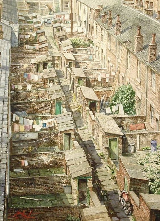 JohnConstableRA's tweet photo. View from a Train by Geoff Butterworth, copied from an old black and white photograph showing the backs of terraced houses from the top of a railway viaduct as the train enters Rochdale in the 1960s. https://t.co/CbceeAOZ3V