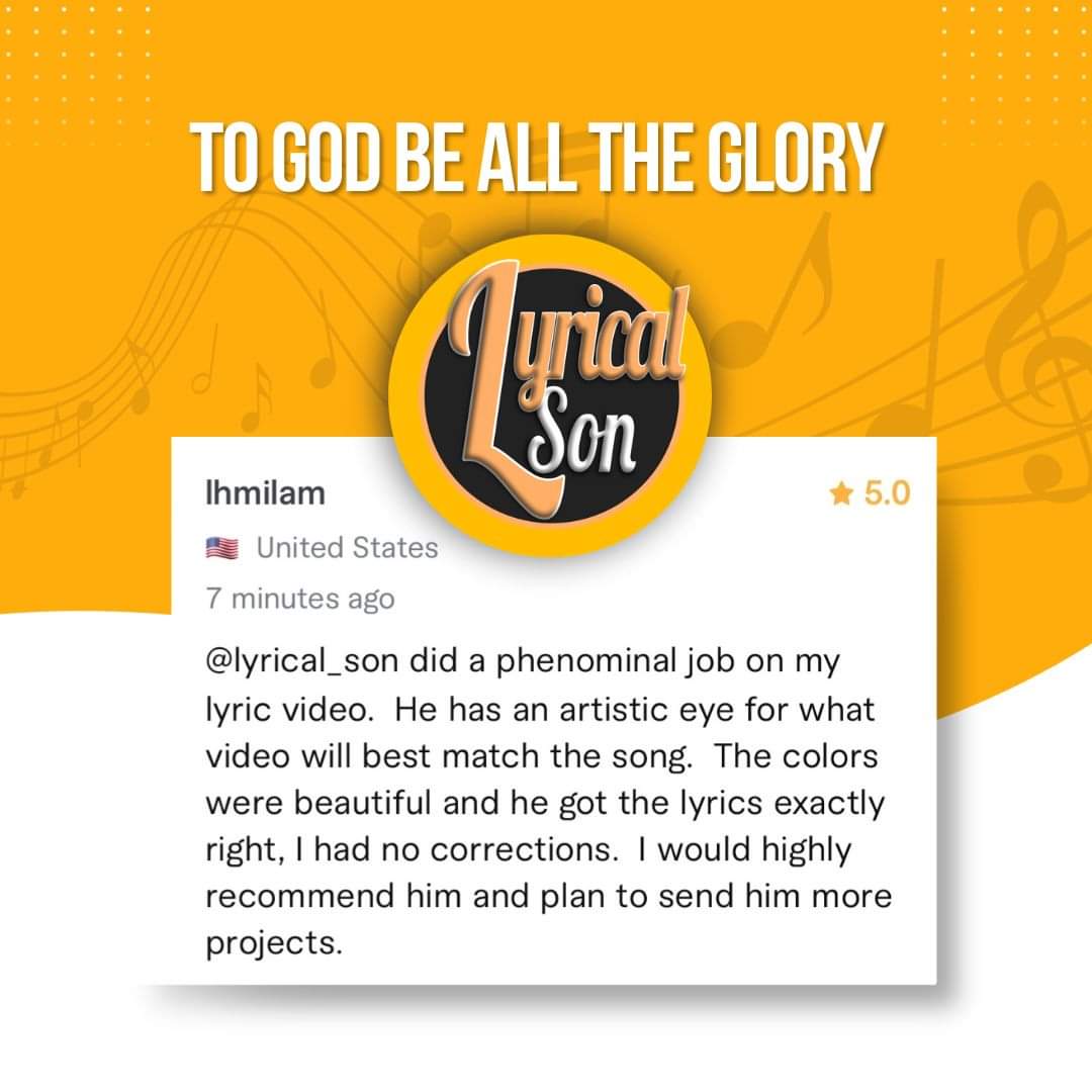 Thankful and grateful for the wonderful review I received on the lyric video I produced for one of my clients.

I give God all the glory! ❤🙏

#customerreviews #clienttestimonials #christianlyricvideo #lyricvideo #lyricvideocreator #christianartists  #christiansongs #christians