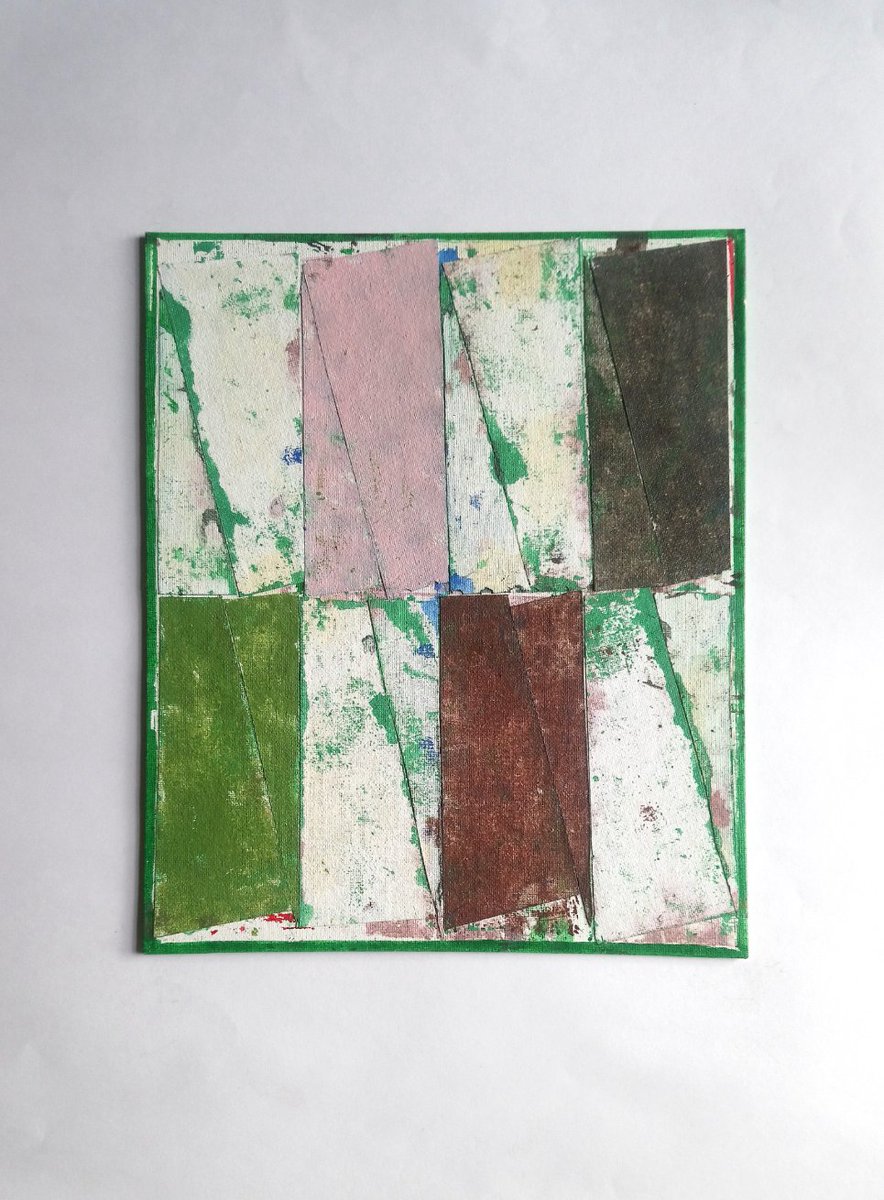 Cerulean Blue, Permanent Green Light, Paynes Grey, Raw Umber, Titanium White, Yellow Oxide, Naphthol Red Light 

Untitled (211023), acrylic and collage on canvas board. #contemporarypainting #abstractpainting #abstractart #contemporaryprint #collageart #collage #GoldenAcrylics