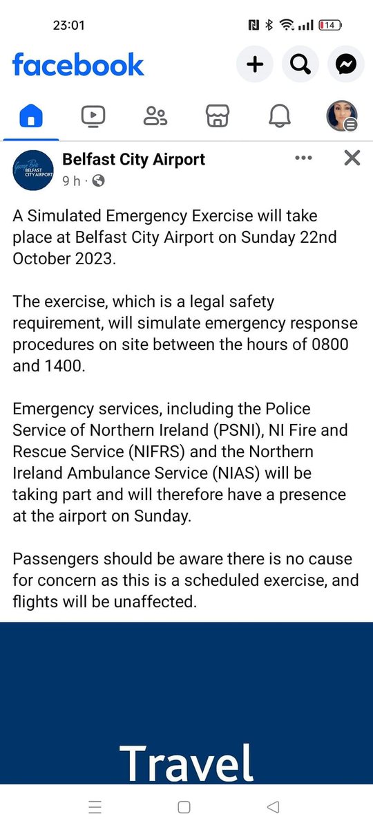 People of Belfast when you hear the sirens tomorrow and vehicles racing to Belfast City Airport…..relax it’s a drill….also if you walk in Vicky Park don’t be surprised if there’s “bodies” in the trees
