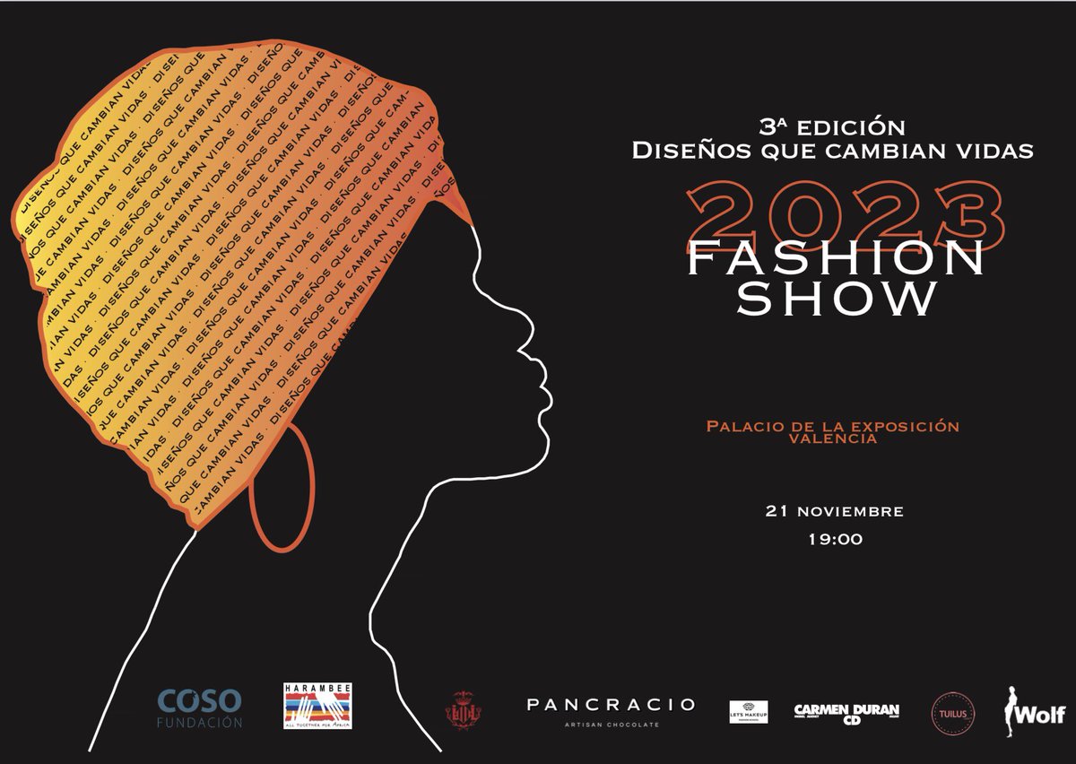 Pasarela y entrega de Premios Diseños que Cambian Vidas a favor de la #mujer #africana #modasolidaria  21 de noviembre Organiza Fundación COSO con el patrocinio de PANCRACIO chocolate,a favor de Harambee ONGD fundacioncoso.org/coso-moda/pasa…