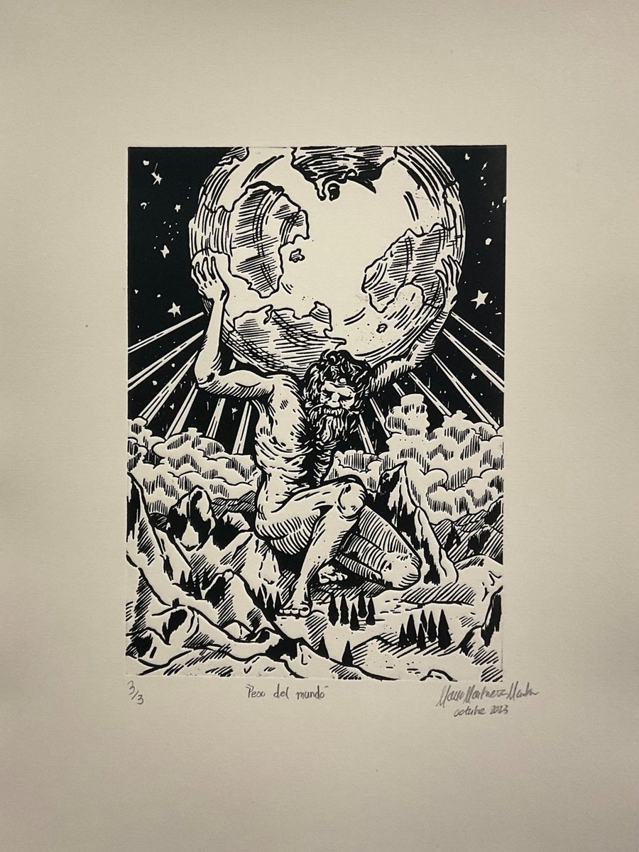mtripl3_'s tweet photo. "Peso del mundo" grabado mediante fotopolímero en relieve sobre papel y sobre tela - Tercer castigo - castigo a Atlas https://t.co/MCR2ccaaXN