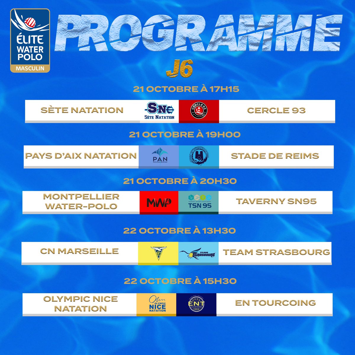 FFN_WaterPolo's tweet photo. Voici le calendrier de la 6e journée du Championnat de France #Elite Masculin ! 🤽‍♂️🇫🇷

Quelles équipes en sortiront vainqueurs ? Réponse à partir de 17h15 👀

@FFNatation 

#waterpolo #Championnat #France #Masculin https://t.co/tLIKqQpLCb
