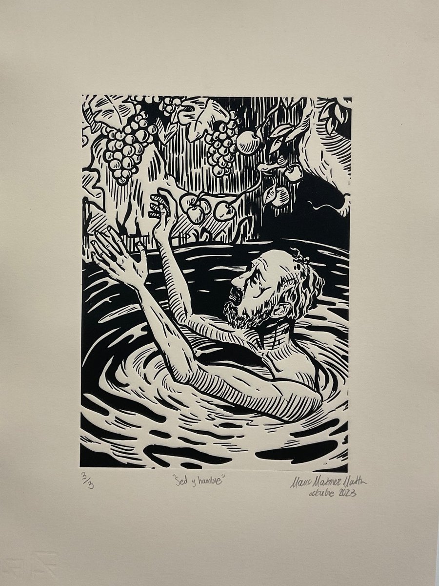 mtripl3_'s tweet photo. "Sed y hambre" grabado mediante fotopolímero en relieve sobre papel y sobre tela - Cuarto castigo - castigo a Tántalo https://t.co/5Ta6B8zC9B