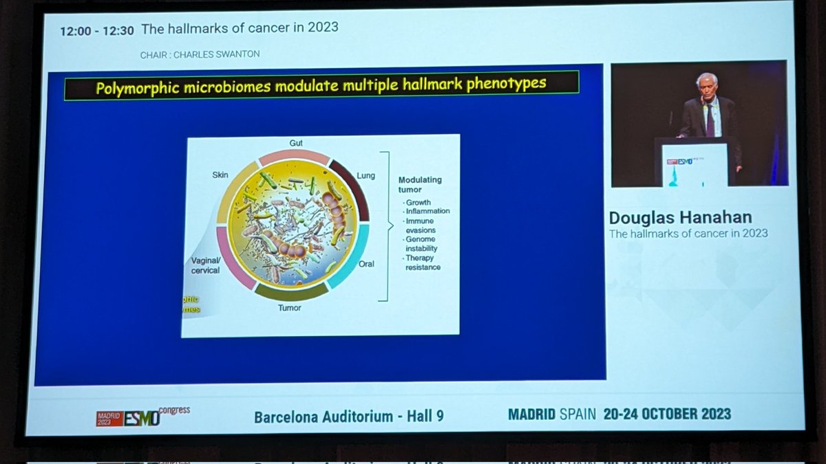 What a privilege to hear from Hanahan his views on the Hallmarks of cancer in 2023 🔬 more than two decades in the making - who would've guessed in 2000 that polymorphic microbiomes would become a hallmark of cancer? @myESMO #ESMO23 @FulgenziClaudia