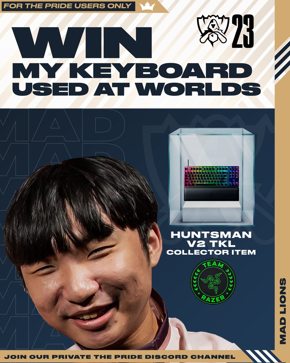 I’ll be giving away the <a href="/TeamRazer/">Team RΛZΞR</a> keyboard I’ve been using during our Worlds matches in Korea. You will receive it in a special collectors box.  

- Enter here: madlionsthepride.com 

- Complete my quest “Chasy’s quest” and you will already be entered.