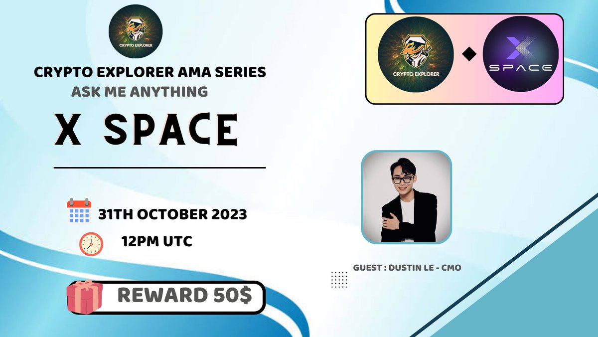 CryptoExplorerT's tweet photo. ⚔️CRYPTO EXPLORER #TelegramText AMA Series With X-Space
🎁Prize: 50$
📆Date: 31th October 2023
🧭Time: 12PM UTC
🏨 Venue:https://t.co/ezZ48IfKvC…
〽️ Rules:
1️⃣. Follow
@CryptoExplorerT
@xspace_global
2️⃣. Like Retweet & Tag 3 Friend https://t.co/qhsax4pFl5