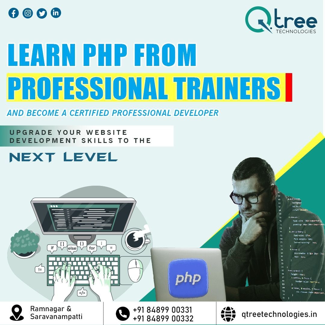 Qtreetech's tweet image. With PHP you are not limited to output HTML, Join PHP training in Qtree technologies, Coimbatore
call us at 8489900331 or mail to info@qtreetechnologies.com
#phptrainingincoimbatore #phpcourse #BackendDevelopment #PHPSkills #WebDevelopment #PHPTraining #bestsoftwareinstitute
