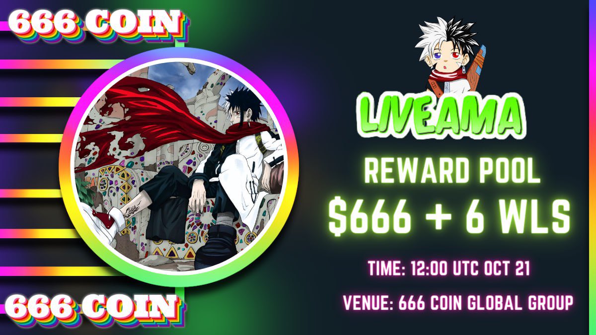 shuchu101's tweet photo. 666 Coin 📣📣📣
🎤 We're pleased to announce our Live AMA In https://t.co/dsMDrcQg7B On October 21, 12:00 UTC!
🎁 Reward : 666$ USDT + 6 WLs
💲6 wls for the 6 best questions.
💰66 members lucky joining ama will receive pool reward 666$
#666Coin #CryptoOpportunity #Presale https://t.co/xK79zLbZ70