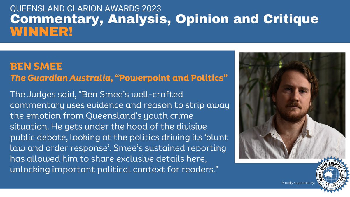 ClarionsQLD (@qldclarions) on Twitter photo Congrats to <a href="/GuardianAus/">Guardian Australia</a> reporter <a href="/BenSmee/">Ben Smee</a> on his second award tonight - this time for Commentary, Analysis, Opinion and Critique. Ben is a <a href="/walkleys/">Walkley Foundation</a> winner, Young Journalist of the Year finalist & the recipient of (now) 12 <a href="/withMEAA/">MEAA</a> state media awards.
#ClarionAwards23 Congrats to <a href="/GuardianAus/">Guardian Australia</a> reporter <a href="/BenSmee/">Ben Smee</a> on his second award tonight - this time for Commentary, Analysis, Opinion and Critique. Ben is a <a href="/walkleys/">Walkley Foundation</a> winner, Young Journalist of the Year finalist & the recipient of (now) 12 <a href="/withMEAA/">MEAA</a> state media awards.
#ClarionAwards23