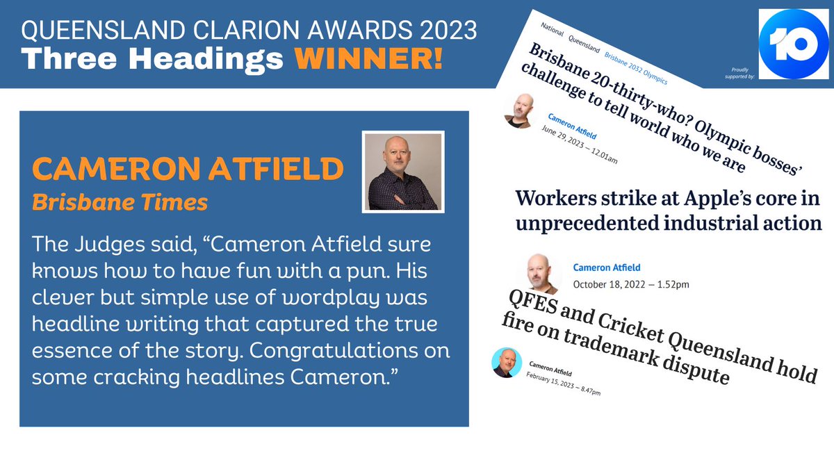 ClarionsQLD (@qldclarions) on Twitter photo Our Three Headings winner is <a href="/brisbanetimes/">Brisbane Times</a> wordsmith and punster <a href="/CameronAtfield/">catfield.bsky.social</a>. With thanks to category sponsor <a href="/10NewsFirstQLD/">10 News First Queensland</a>
#ClarionAwards23 <a href="/withMEAA/">MEAA</a> Our Three Headings winner is <a href="/brisbanetimes/">Brisbane Times</a> wordsmith and punster <a href="/CameronAtfield/">catfield.bsky.social</a>. With thanks to category sponsor <a href="/10NewsFirstQLD/">10 News First Queensland</a>
#ClarionAwards23 <a href="/withMEAA/">MEAA</a>