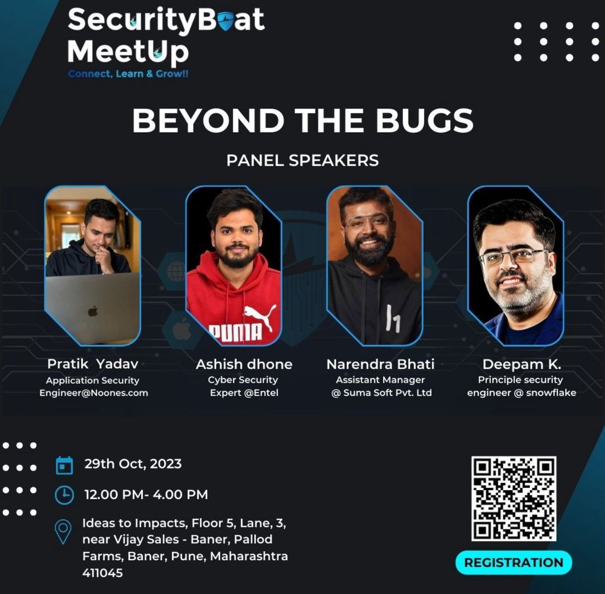 Securityb0at's tweet photo. 📣 Mark your calendars! 
SB-Meetup's one-year anniversary celebration is near, and we're kicking it off with a bang. Presenting our panel discussion "Beyond the Bug" with an expert lineup @deepamkanjani @imnarendrabhati @pratikyadav7_ @ashketchum_16. 
Stay tuned for a cyber security conversation like no other! 
#securityboat #sbmeetup #pune #infosec #cybersecurity #bugbountytips
