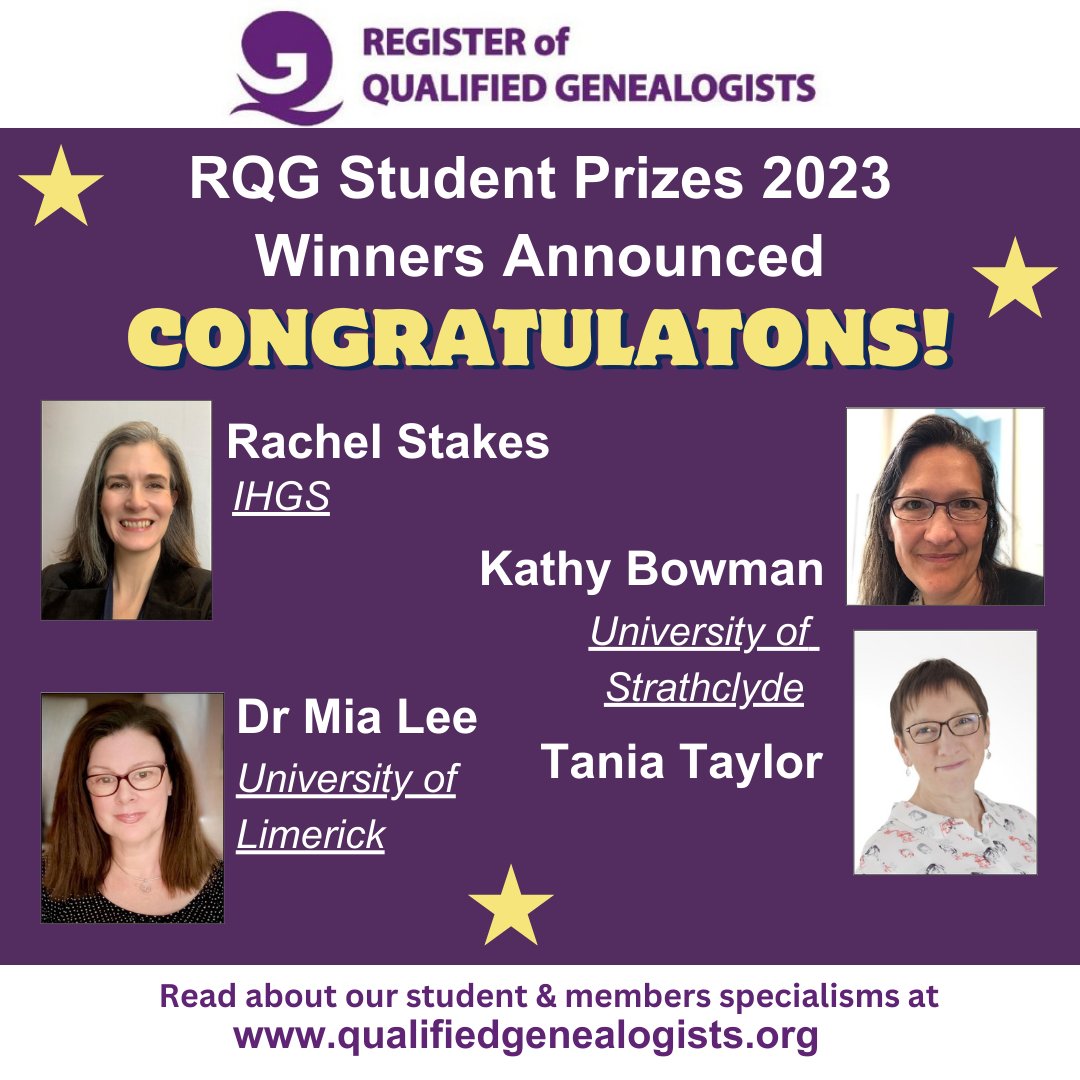 RegQualGenes's tweet photo. RQG Student Prize Winners Announced! Congratulations to all, view full news story https://t.co/D6yxunctDF @StrathGenealogy @IHGS @ResearchArtsUL #genealogist #familyhistory #CPD https://t.co/RFLXpR6vYR