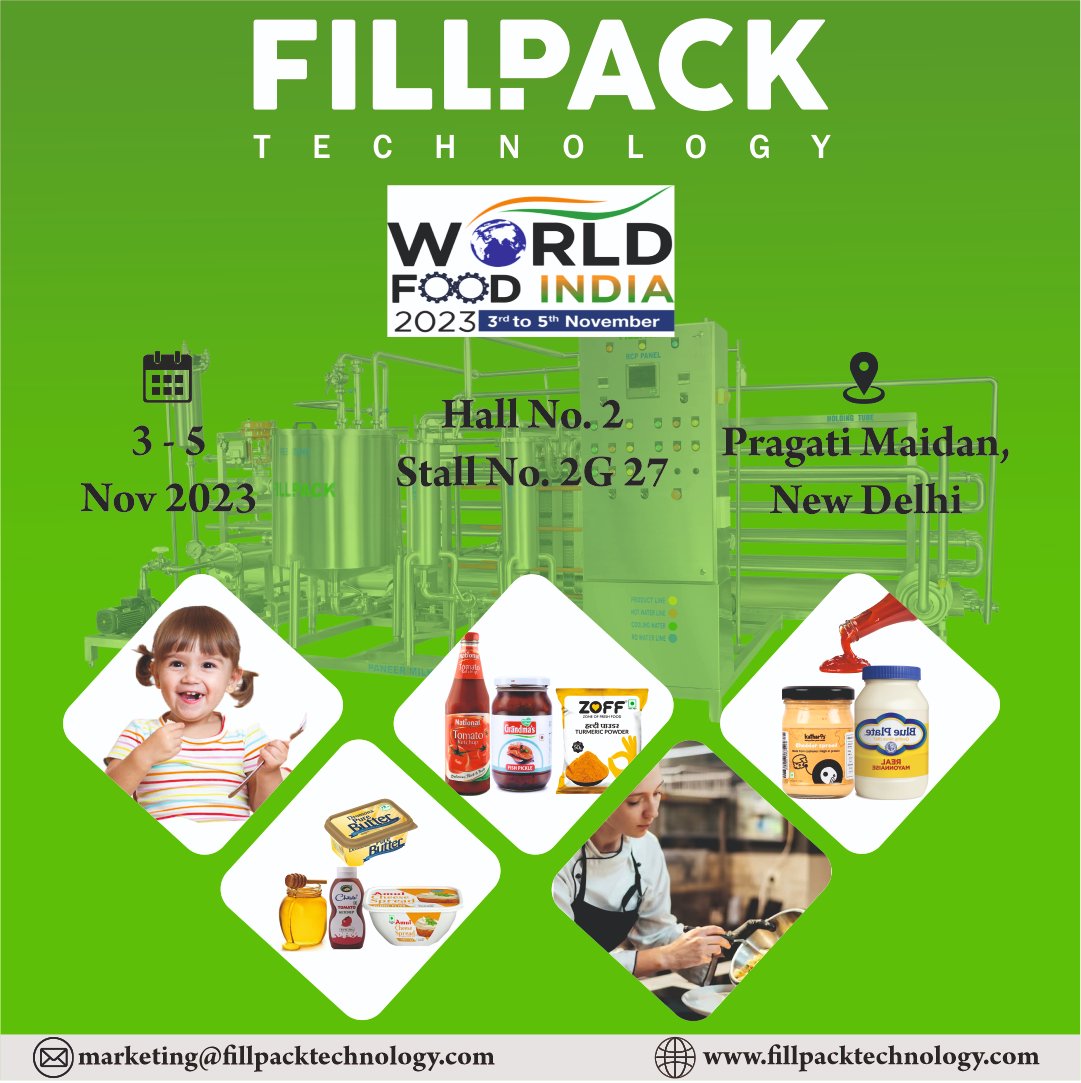 FillpackTechno1's tweet photo. Visit our stall at the "World Food India Expo" in New Delhi.

Hall No. 2 &amp; Stall No. 2G 27.

We kindly request you all to visit our stall to witness our new range of the latest technology on Nov 3, 4 &amp; 5.

#foodindustry #beverageindustry #FillpackTechnology #processingmachinery https://t.co/5UMiu99YVB