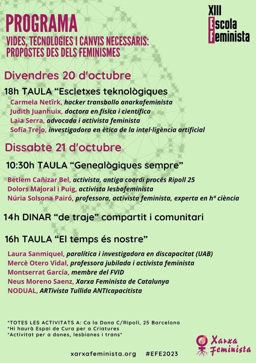 xarxafeminista's tweet photo. 🟣Aquesta tarda més #EFE23 amb la taula "El temps és nostre" amb #MercèOtero @m_garciablasco @neusmoreno3 #NoDual i després totis a la mani unitària en suport a Palestina https://t.co/bF7gXDEBbc