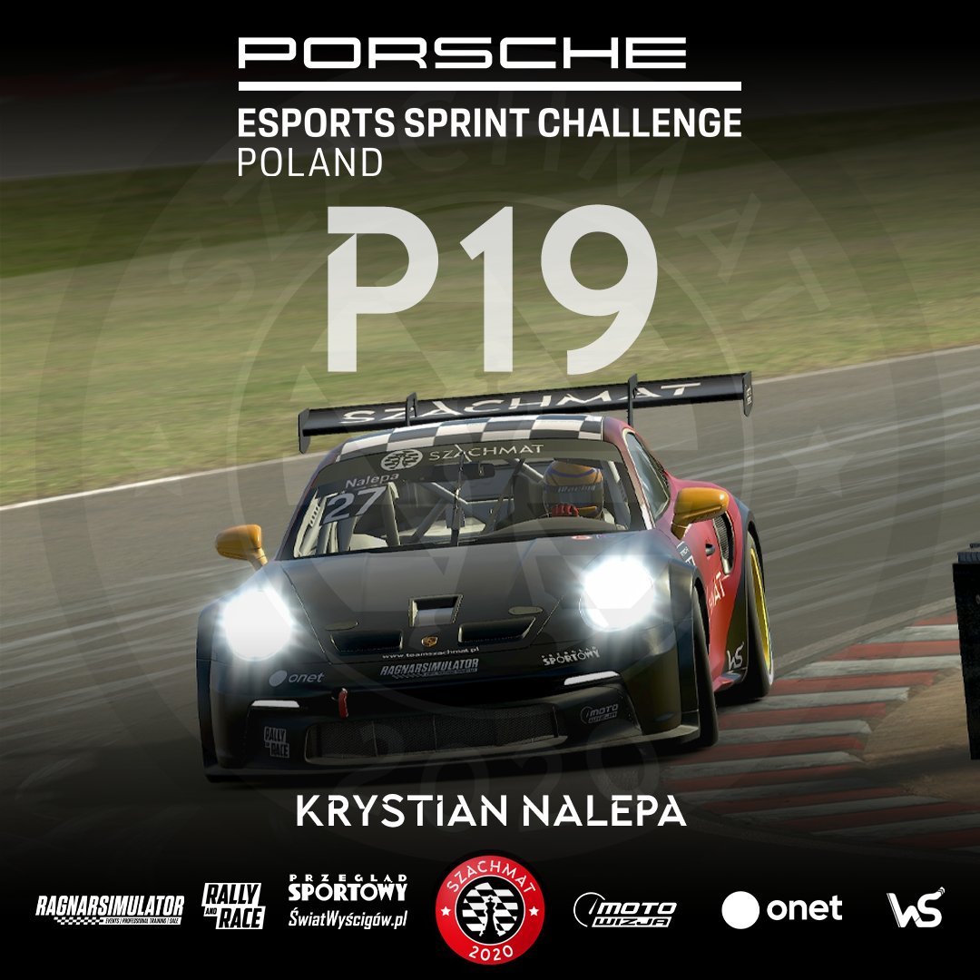 TeamSzachMat's tweet photo. After the first round of qualifications for Porsche Esports Sprint Challenge Poland 2023, Team SzachMat player Krystian Nalepa takes 19th place.
@Krystik27 
PARTNERS:
Wojtek Środa
IG @sroda_simracing
https://t.co/SeZMelQ4Tz
#pscp @przeglad @swiatwyscigow @onetpl @Motowizja https://t.co/kdrxmw2t7a