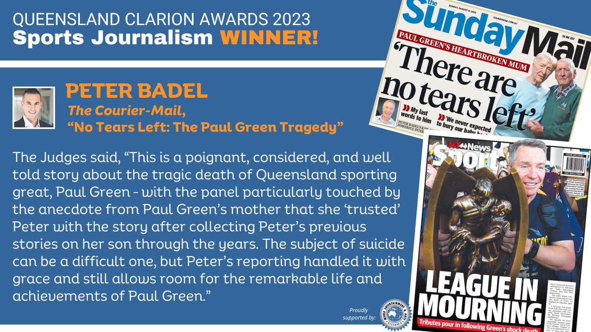walkleys's tweet photo. 🏉 🥇  Peter Badel from @couriermail is our Sports Journalism award recipient. Peter has been chief rugby league writer at The Courier-Mail since 2013. A best-selling author, he's covered five Australian cricket tours &amp; the 2006 Commonwealth Games.🏏 
#ClarionAwards23 @withMEAA https://t.co/gjS97ce9rA
