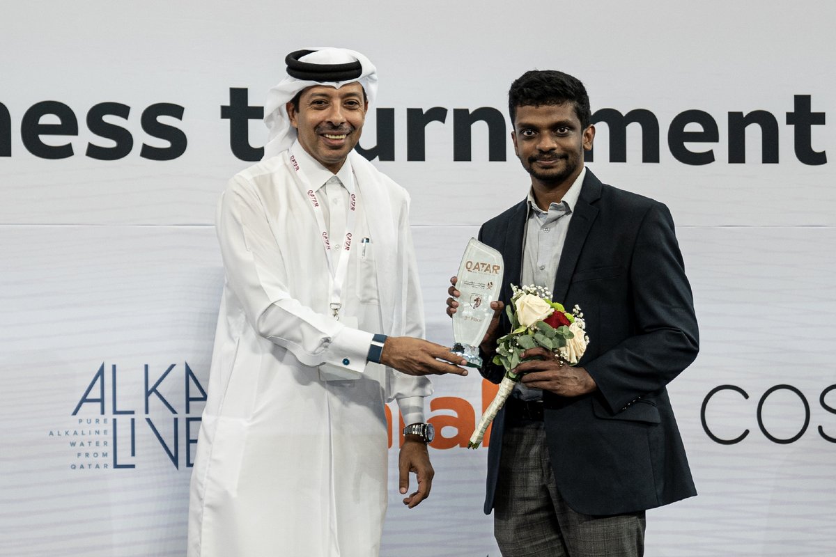 Congratulations to 🇺🇿 Uzbek GM Nodirbek Yakubboev for winning the Qatar Master! 🏆 👏 

Yakubboev clinched the title by defeating his compatriot Nodirbek Abdusattorov 2-0 in a blitz playoff, after both finished the tournament with 7/9. 🇮🇳 Indian SL Narayanan had the best