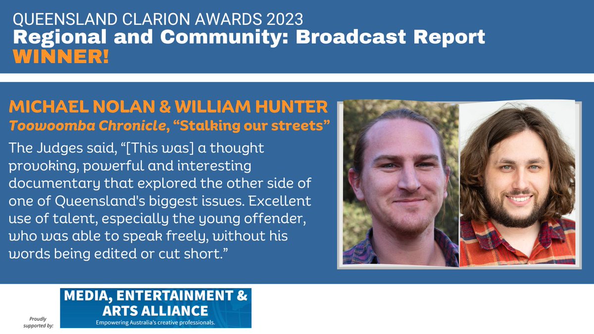 Our joint recipients of the Regional and Community: Broadcast Report award - Toowoomba Chronicle's crime and emergency services reporter Michael Nolan and <a href="/the_chronicle_/">The Chronicle</a> deputy editor William Hunter. Well done!
#ClarionAwards23 <a href="/withMEAA/">MEAA</a>
