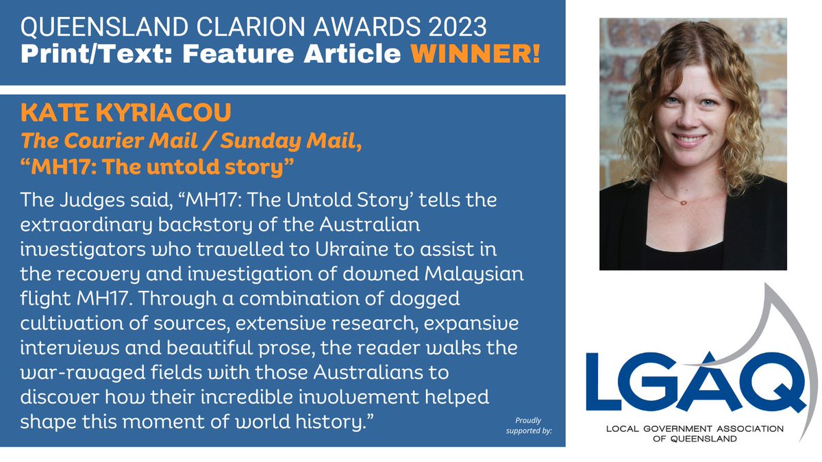 walkleys's tweet photo. Tonight’s Print/Text: Feature Article winner is @couriermail crime &amp; courts editor @KateKyriacou. Kate is a former Queensland Journalist of the Year. Her book, The Sting, was the inspiration for feature film The Stranger. 
#ClarionAwards23 @withMEAA @LGAQ https://t.co/LnNAjpwsnH